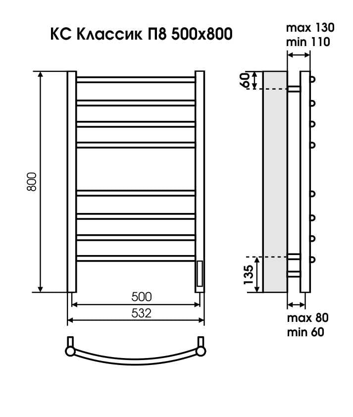 изображение Полотенцесушитель электрический Terminus Классик П6 4670078527578 450х600 матовый от Магия Воды