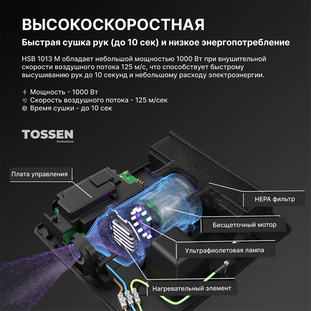 изображение TOSSEN HSB 1013 M - сушилка для рук с бесщеточным двигателем от Магия Воды